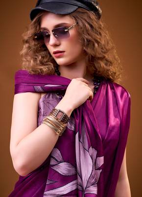 Purple color satin silk fabric designer floral printed ceremonial saree 2