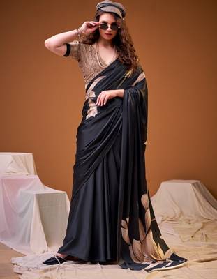 Black color satin silk fabric designer floral printed ceremonial saree 1