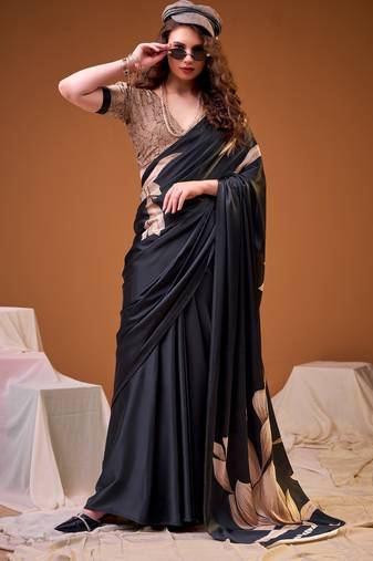 Black color satin silk fabric designer floral printed ceremonial saree