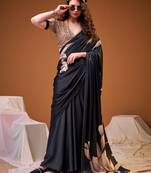 Black color satin silk fabric designer floral printed ceremonial saree