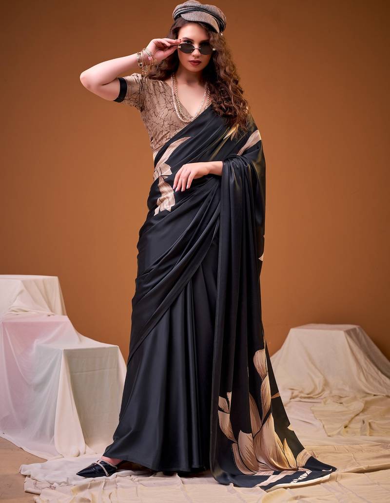 Black color satin silk fabric designer floral printed ceremonial saree
