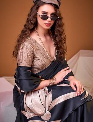 Black color satin silk fabric designer floral printed ceremonial saree 2