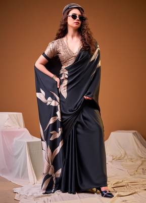 Black color satin silk fabric designer floral printed ceremonial saree 3