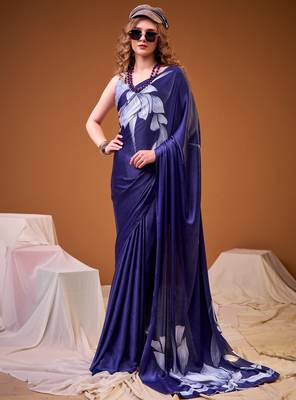 Blue color satin silk fabric designer floral printed ceremonial saree 1