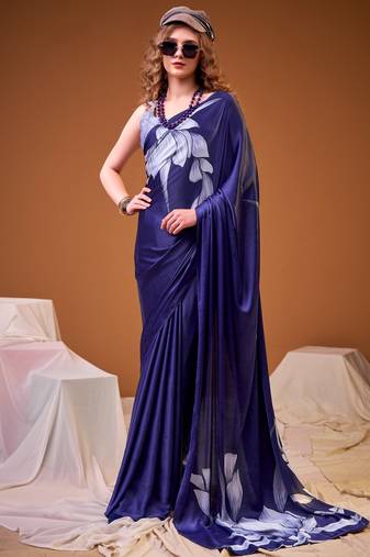 Blue color satin silk fabric designer floral printed ceremonial saree