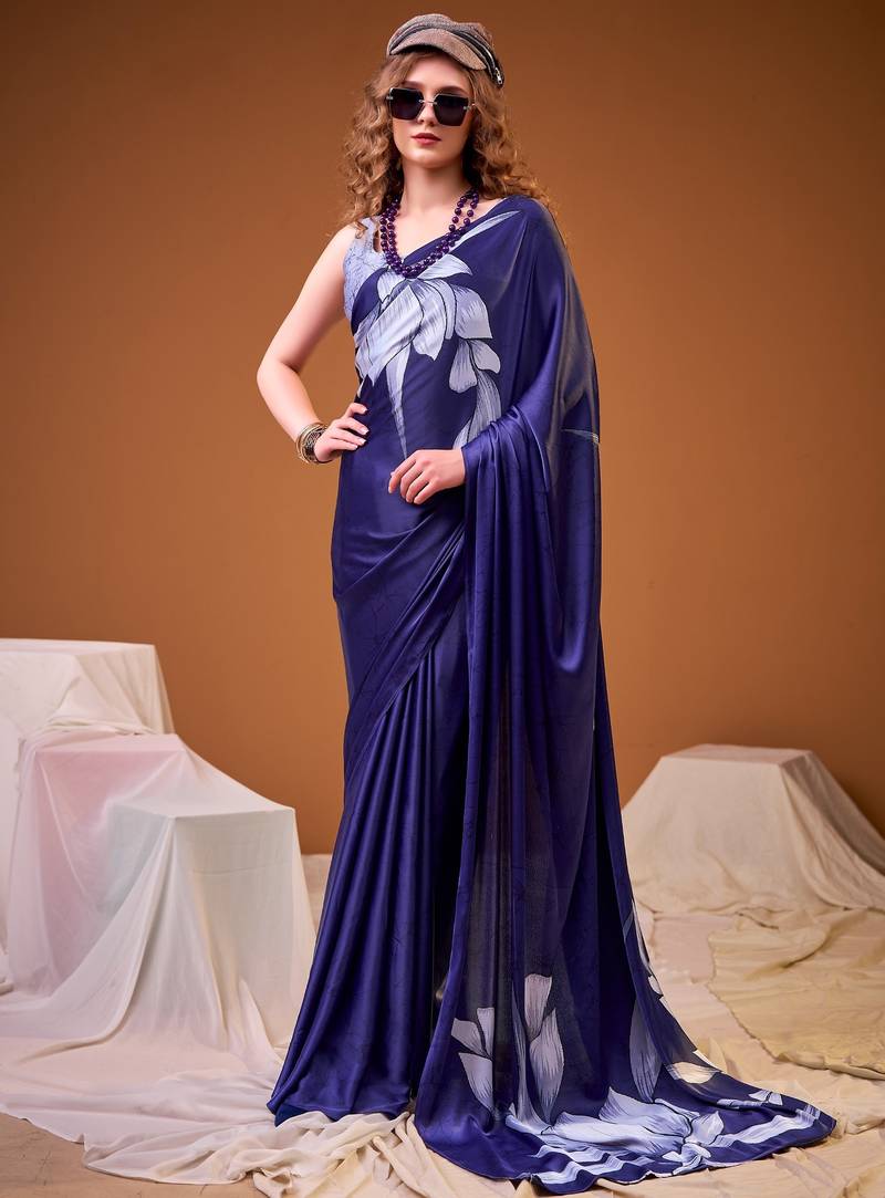 Blue color satin silk fabric designer floral printed ceremonial saree
