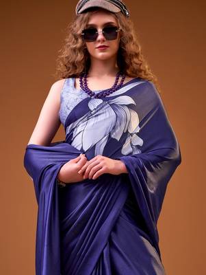 Blue color satin silk fabric designer floral printed ceremonial saree 2