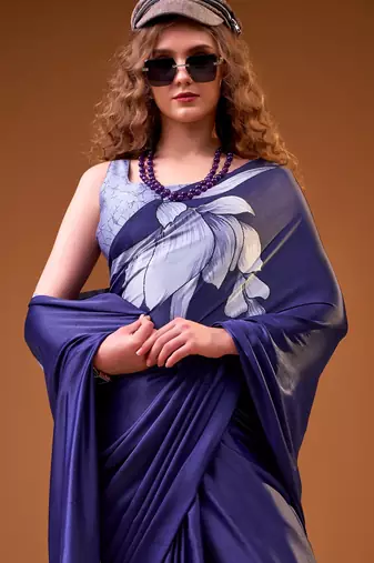 Blue color satin silk fabric designer floral printed ceremonial saree