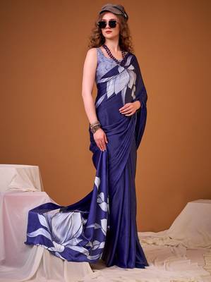 Blue color satin silk fabric designer floral printed ceremonial saree 3