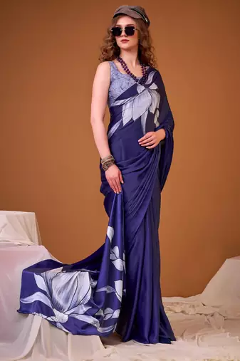 Blue color satin silk fabric designer floral printed ceremonial saree