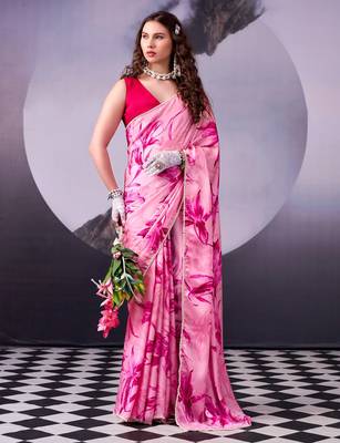 Beautiful and rich looks pink color floral printed satin silk saree 1