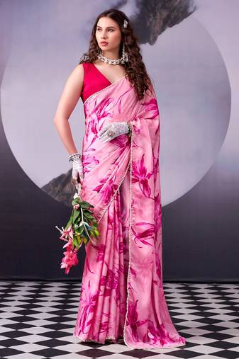 Beautiful and rich looks pink color floral printed satin silk saree