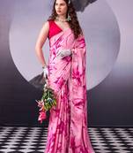 Beautiful and rich looks pink color floral printed satin silk saree