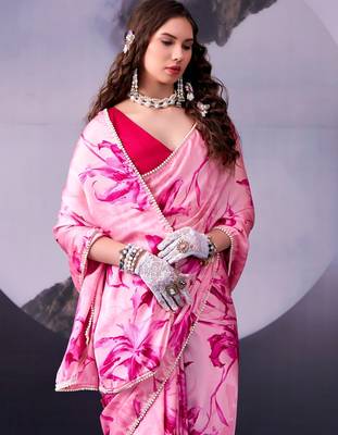 Beautiful and rich looks pink color floral printed satin silk saree 2