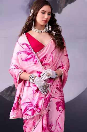 Beautiful and rich looks pink color floral printed satin silk saree