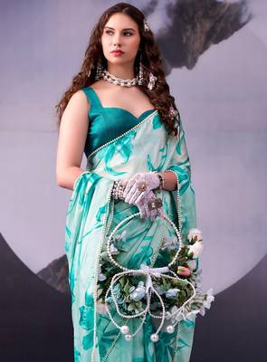 Beautiful and rich looks sea green color floral printed satin silk saree 2