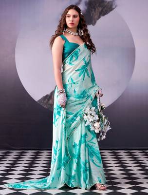 Beautiful and rich looks sea green color floral printed satin silk saree 3