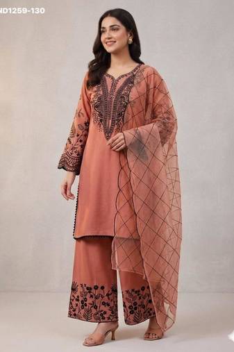 Dark-peach cotton blend embroidered kurta-sets