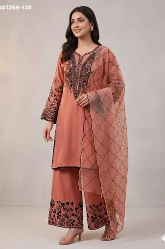 Dark-peach cotton blend embroidered kurta-sets