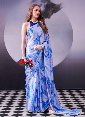 Beautiful and rich looks blue color floral printed satin silk saree 1