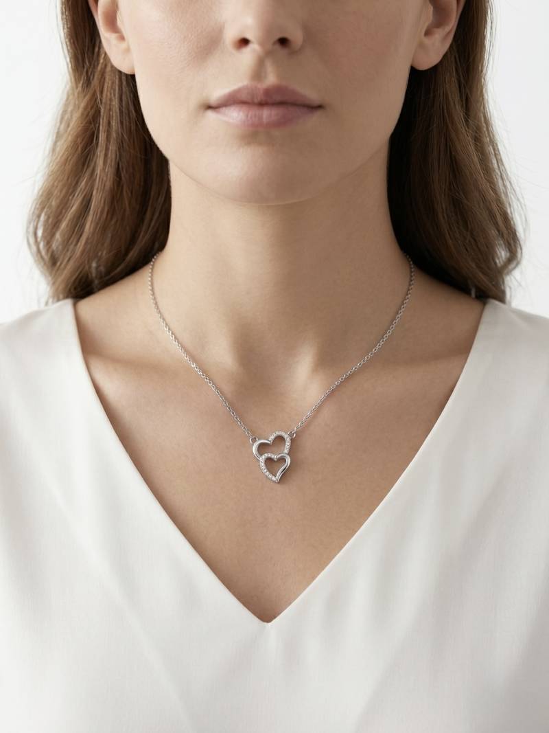 925 Sterling Silver Double Heart Pendant  Necklace Set ,CZ Interlocking Heart Pendant Set 