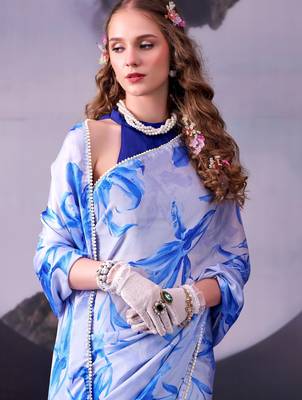 Beautiful and rich looks blue color floral printed satin silk saree 2