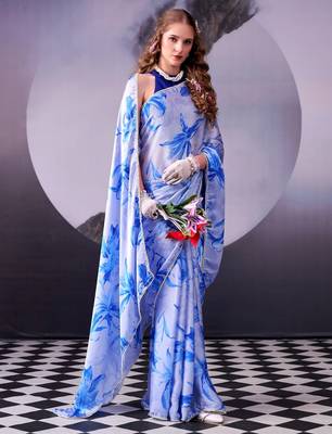 Beautiful and rich looks blue color floral printed satin silk saree 3