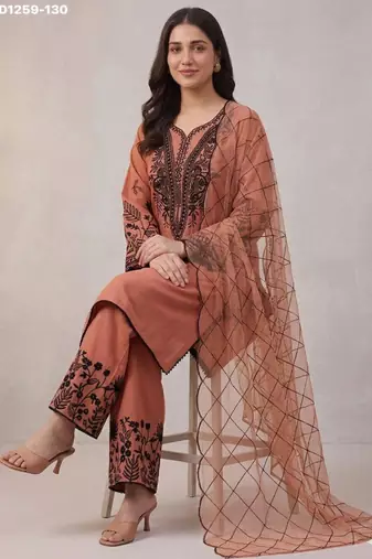 Dark-peach cotton blend embroidered kurta-sets