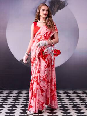 Beautiful and rich looks red color floral printed satin silk saree 1