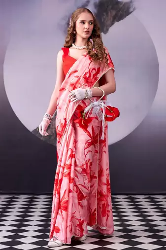 Beautiful and rich looks red color floral printed satin silk saree