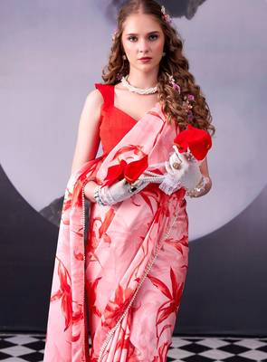 Beautiful and rich looks red color floral printed satin silk saree 2