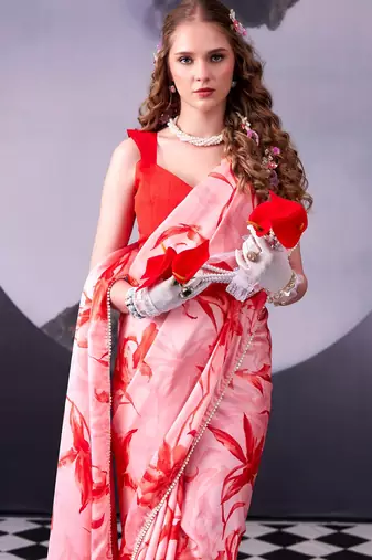 Beautiful and rich looks red color floral printed satin silk saree