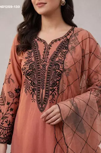 Dark-peach cotton blend embroidered kurta-sets