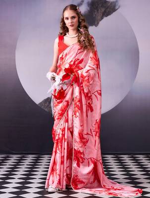 Beautiful and rich looks red color floral printed satin silk saree 3