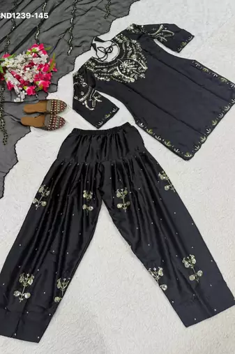Black silk blend embroidered kurta-sets