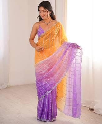 Purple color fendy satin fabric beautiful fancy embroidered saree 1
