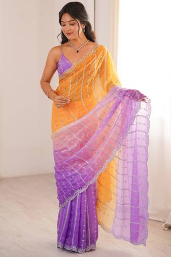 Purple color fendy satin fabric beautiful fancy embroidered saree