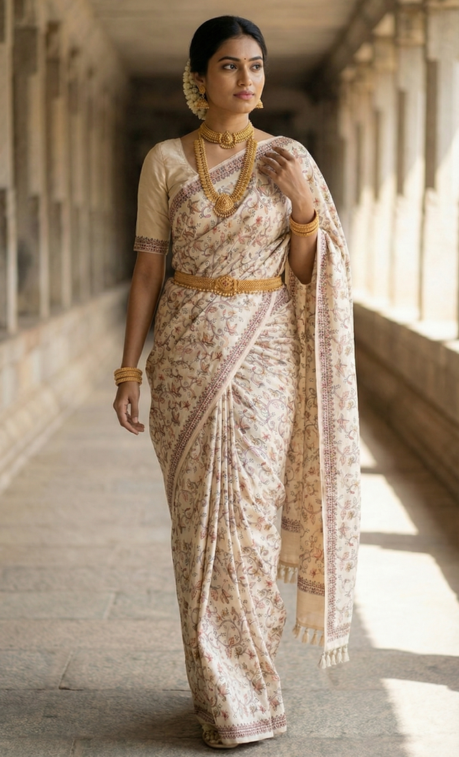 White color embroidery and zarii weaving art silk saree