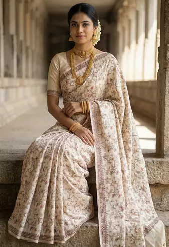 White color embroidery and zarii weaving art silk saree