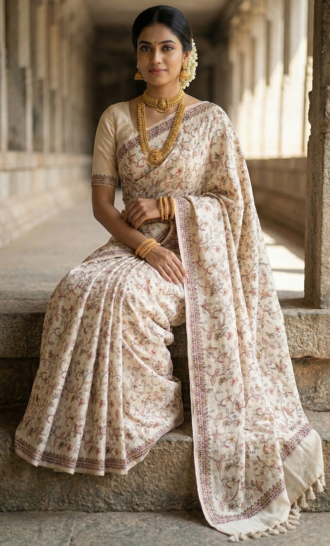 White color embroidery and zarii weaving art silk saree