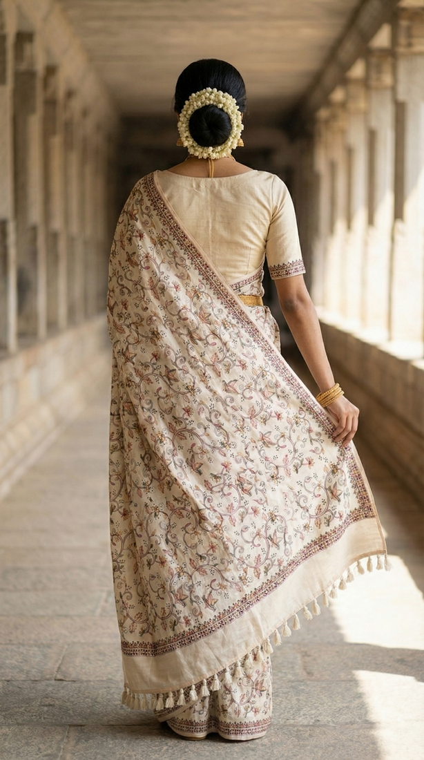 White color embroidery and zarii weaving art silk saree