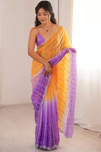 Purple color fendy satin fabric beautiful fancy embroidered saree