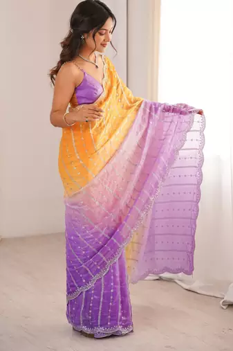 Purple color fendy satin fabric beautiful fancy embroidered saree