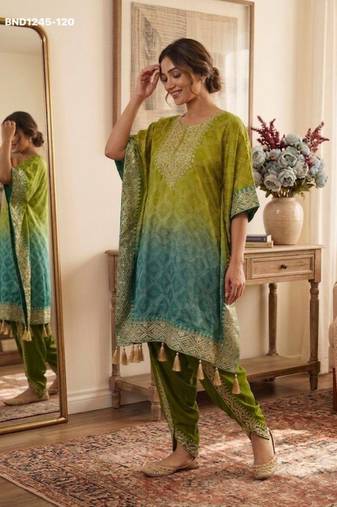Parrot-green silk blend embroidered kurta-sets