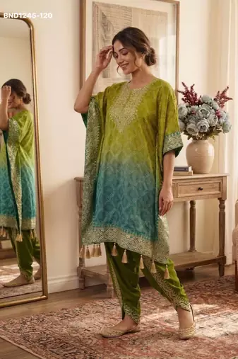 Parrot-green silk blend embroidered kurta-sets