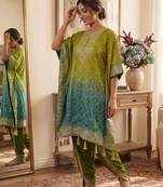 Parrot-green silk blend embroidered kurta-sets