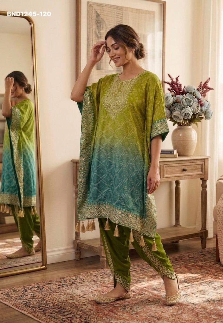 Parrot-green silk blend embroidered kurta-sets