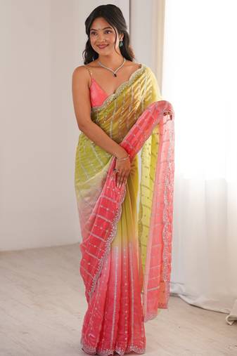 Green color fendy satin fabric beautiful fancy embroidered saree