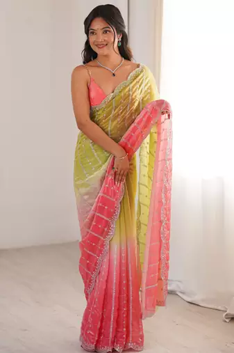 Green color fendy satin fabric beautiful fancy embroidered saree