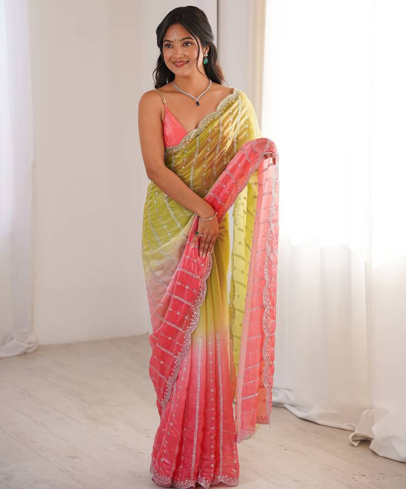 Green color fendy satin fabric beautiful fancy embroidered saree